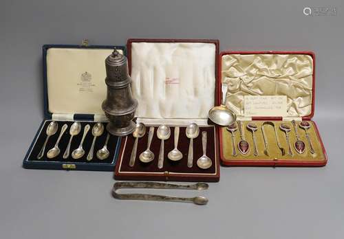 Two cased sets of six silver teaspoons including Art Deco an...