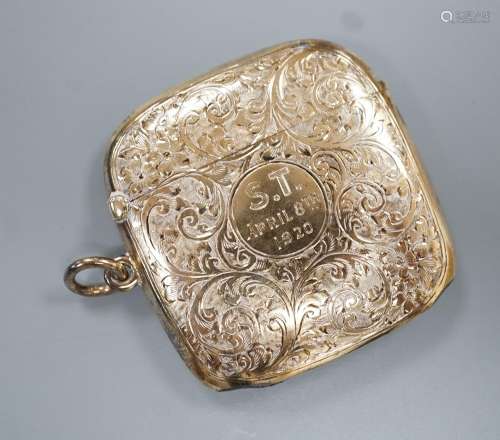 A George V 9ct gold vesta case, with later engraved inscript...