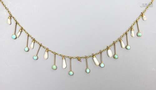 An Edwardian 9ct, baroque pearl and turquoise set drop fring...