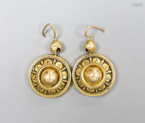 A pair of Victorian yellow metal circular drop earrings, 17c...