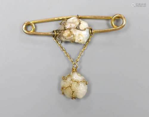 An early 20th century 9ct and two stone baroque pearl set dr...