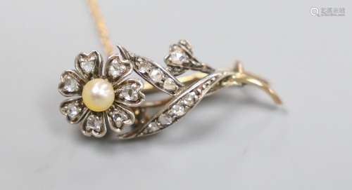 A Victorian yellow metal, pearl and rose cut diamond set flo...