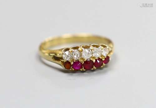 A late Victorian 18ct gold, graduated five stone ruby and fi...