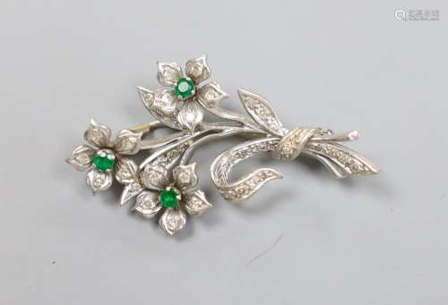 A 20th century white metal, emerald and diamond set spray br...
