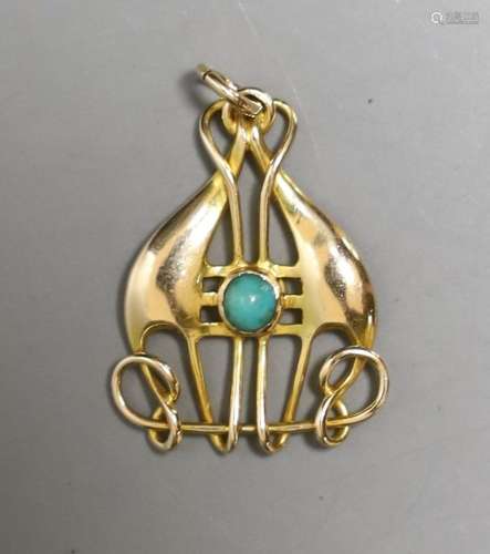 An Edwardian Art Nouveau 15ct and turquoise set pendant, 25m...