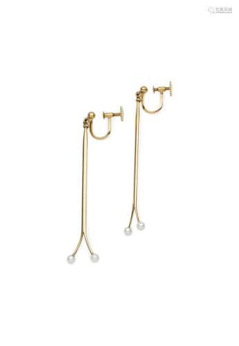GEORG JENSEN | A PAIR OF GOLD AND CULTURED PEARL EARRINGS