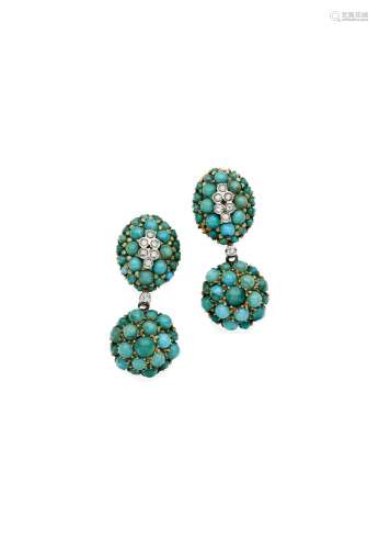 A PAIR OF TURQUOISE AND DIAMOND PENDANT EARRINGS