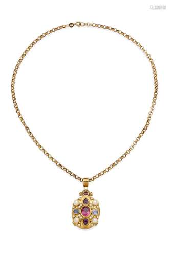 A GOLD, DIAMOND, PEARL AND GEM-SET PENDANT NECKLACE