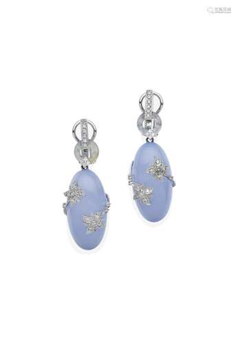 A PAIR OF CHALCEDONY AND DIAMOND EARRINGS