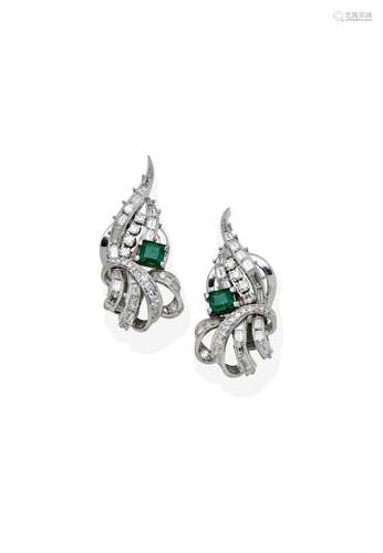 A PAIR OF EMERALD AND DIAMOND EARCLIPS