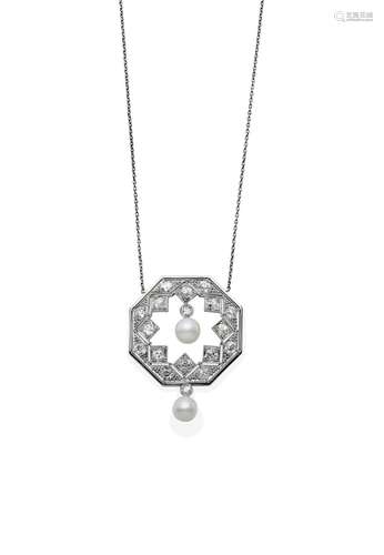 AN ART DECO DIAMOND AND PEARL PENDANT NECKLACE