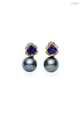 A PAIR OF CULTURED PEARL AND AMETHYST EARRINGS