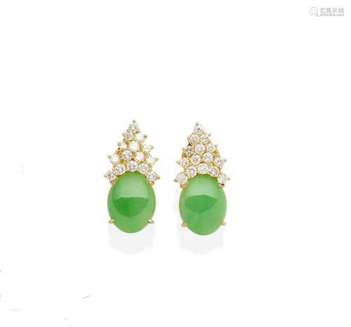 A PAIR OF JADEITE AND DIAMOND EARRINGS