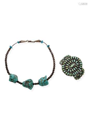 TWO PIECES OF NATIVE AMERICAN TURQUOISE AND SILVER JEWELLERY