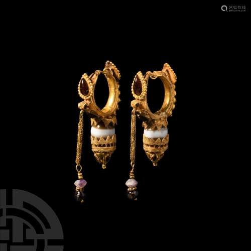 Large Eastern Hellenistic Gold Earrings with Garnets