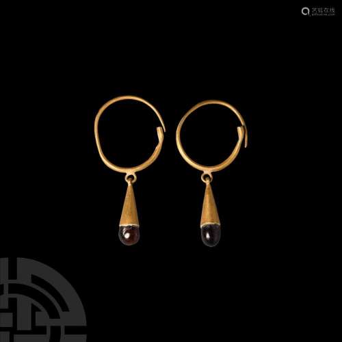 Greek Gold Garnet Drop Earrings
