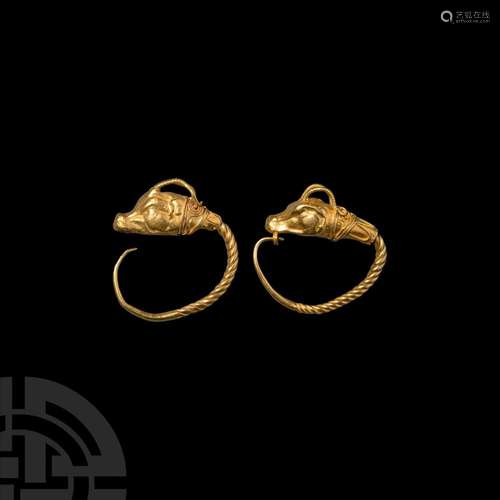 Large Greek Gold Antelope-Headed Earring