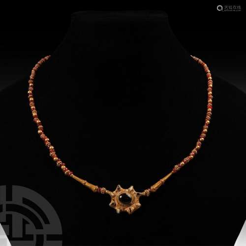 Greek Jewelled Gold Pendant Necklace