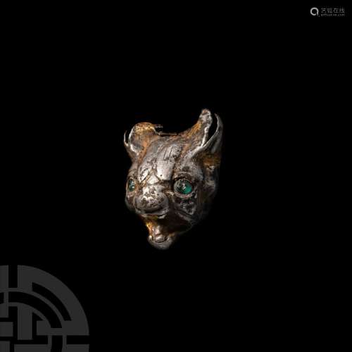 Scythian Gilt Silver Cat Head with Inlaid Eyes
