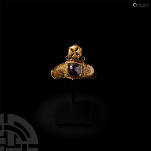 Gold Ring with Cabochon and Cross Pyxis