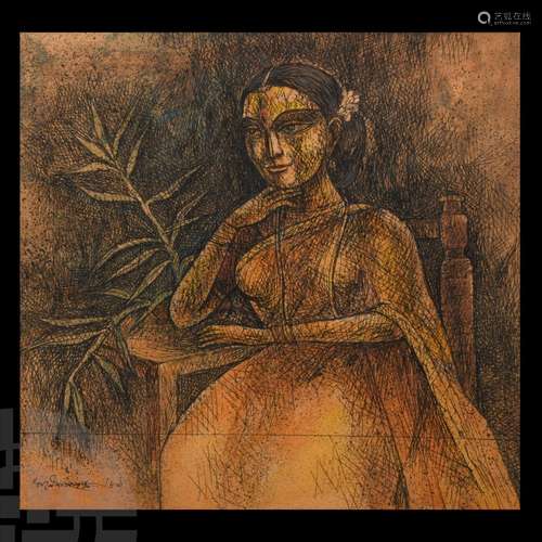 Ganesh Pyne Framed Seated Lady