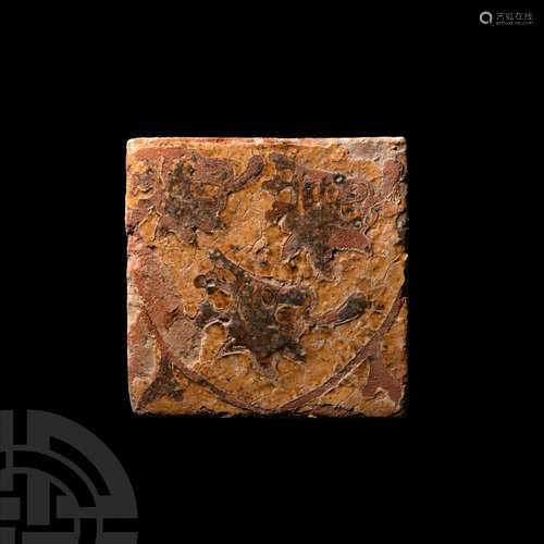 Medieval English Heraldic Tile with Crowned Lion's Heads