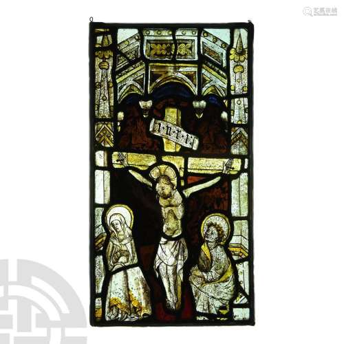 Medieval Stained Glass Panel with the Crucifixion, Virgin an...
