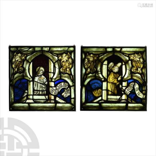 Medieval Austrian Stained Glass Panel Pair with The Annunica...