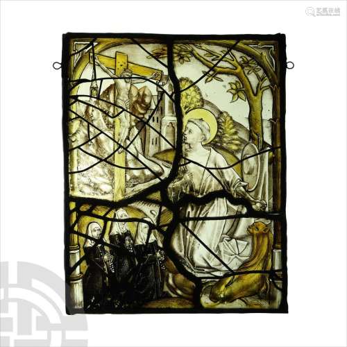 Medieval Stained Glass Panel with The Vision of St Jermone w...