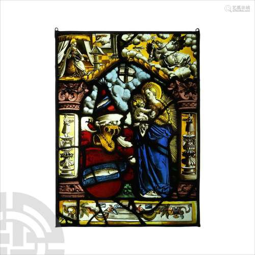 Medieval Swiss Stained Glass Panel with Virgin and Child