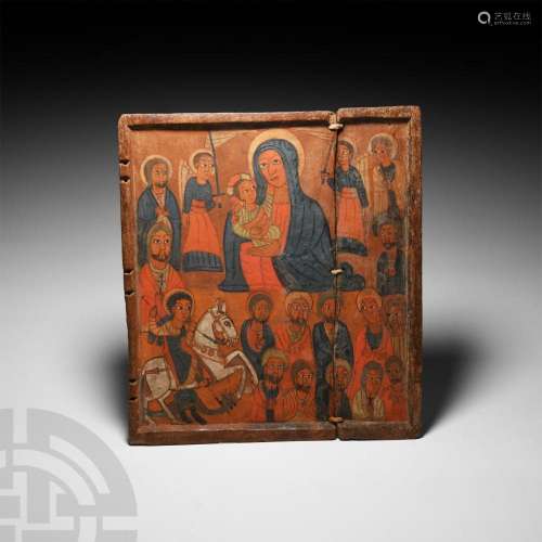 Large Ethiopian Icon of the Virgin and Child Surmounted by S...
