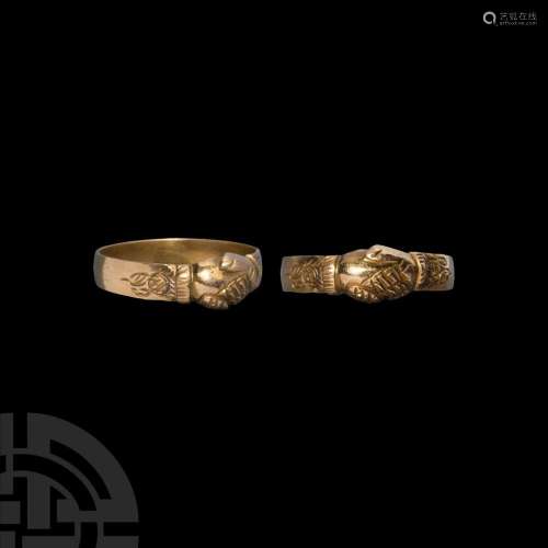 Gold 'Clasped Hands' Fede Ring with Flowers on Bezel