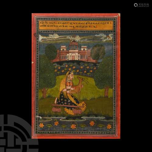 Framed Indian Watercolour Manuscript Leaf with Female Holdin...