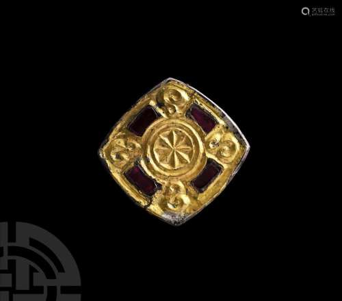 Merovingian Silver-Gilt Square Brooch with Garnets