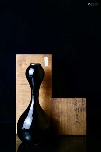 昭和
(1926-1989) 日本京烧巨匠三代三浦竹泉（竹軒）作 葫芦形黑釉...