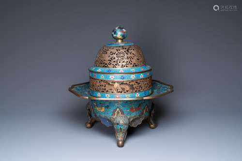 A large Chinese cloisonne tripod censer and cover, 19th C.