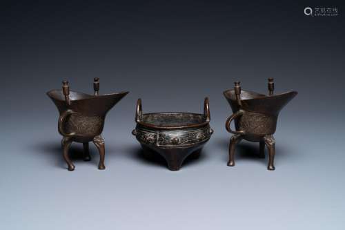 Two Chinese small bronze 'jue' ewers and a tripod censer, pr...