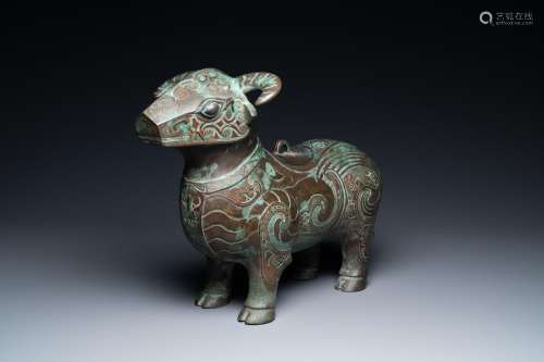 A Chinese ram-shaped silver-inlaid bronze 'xizun' vessel, Mi...