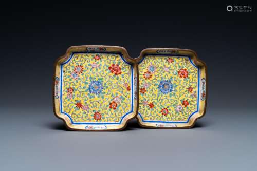 A pair of Chinese Canton enamel yellow-ground dishes, Qianlo...