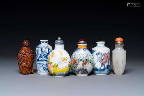 Six Chinese glass, porcelain, bamboo and agate snuff bottles...