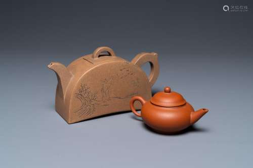 Two Chinese Yixing stoneware teapots with engraved inscripti...