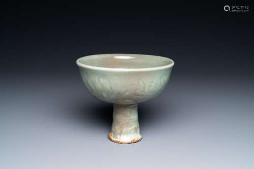 A Chinese Longquan celadon stem cup with underglaze design, ...