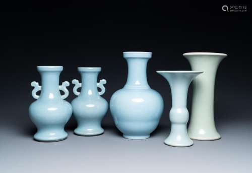 Five Chinese monochrome clair-de-lune and celadon-glazed vas...