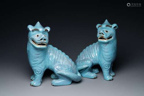 A pair of large Chinese robin's egg-glazed qilins, 19th C.