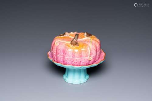 A Chinese pink-glazed pumpkin-shaped box with matching tazza...