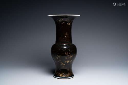 A Chinese monochrome black 'yenyen' vase with traces of gild...