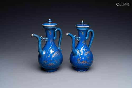 A pair of Chinese gilt-decorated powder blue-ground 'qilin' ...