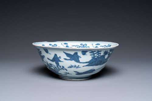 A Chinese blue and white 'cranes' bowl, Ming