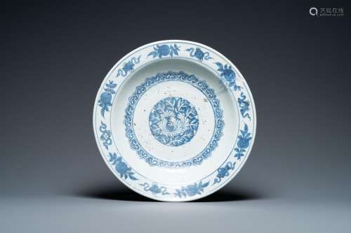 A Chinese blue and white 'peony' dish, Ming