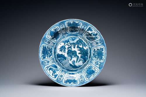 A very large Chinese blue and white kraak porcelain dish wit...